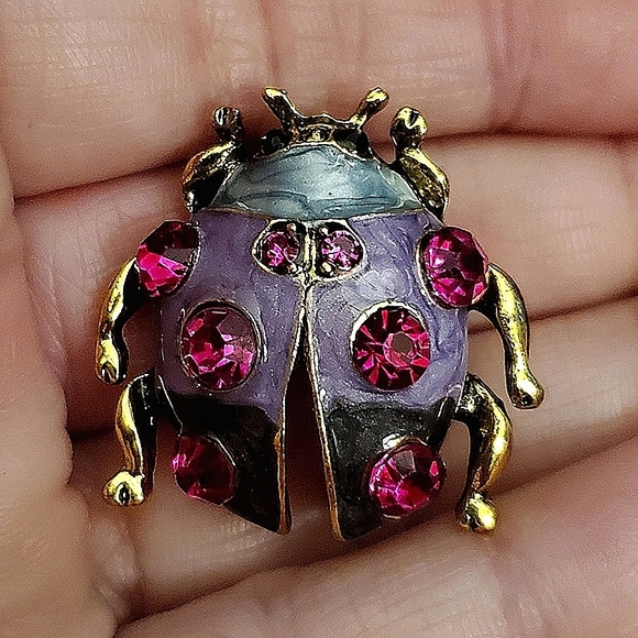 Enamel & rhinestone multicolor ladybug brooch. - Picture 3 of 6